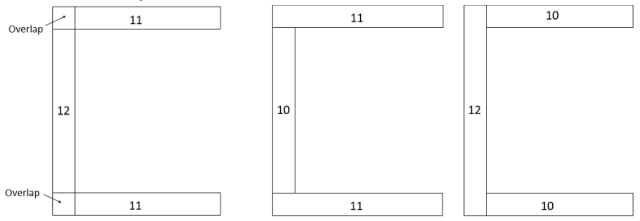 Three schematic diagrams of a C shape made of 32 cubes. The first C shape overlap at the corners.