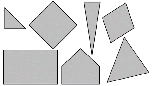 A right-angled triangle, a rhombus, an inverted isosceles triangle, a right tilted rhombus, a rectangle, a trapezoid and a scalene triangle.