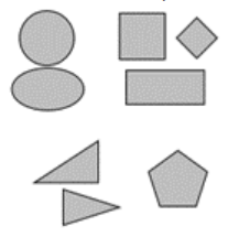 Four shape categories based on common features or properties of the shapes including circles, squares, triangles and a pentagon. 