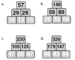 Addition pyramids - three blocks on the base, two blocks on level two, and a single block on the top.