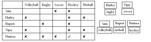  A table showing Narissa likes the sport where the ball is hit with a stick.