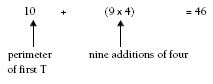 An equation 10 + (9x4) = 46, that shows they can be multiplied by four to find the perimeter values.