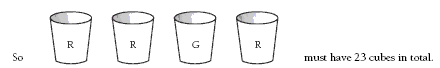 Four cups, three are labelled R and one is labelled G.