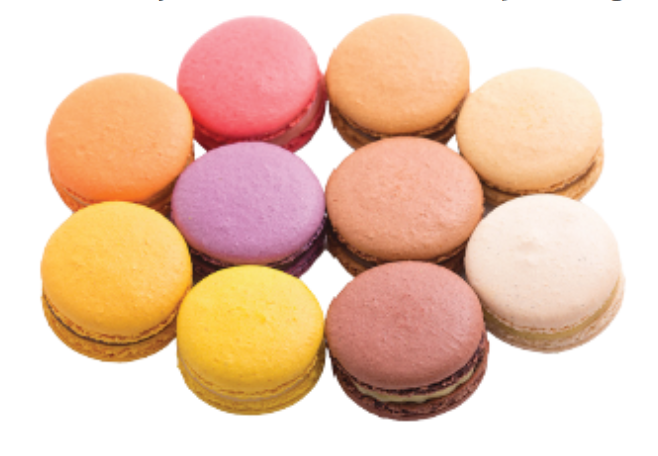 Ten colourful macaroons.