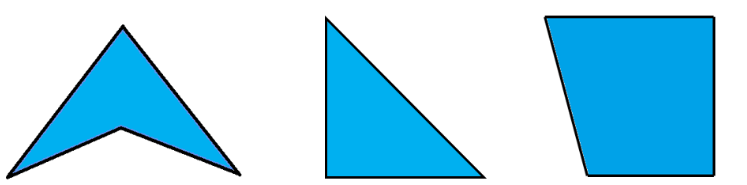 An arrow shape, a right angle triangle and an irregular rectangle.