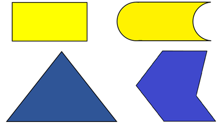 Four shapes: a yellow rectangle and a yellow crescent, and a blue triangle and a blue six-sided, arrow-like shape.
