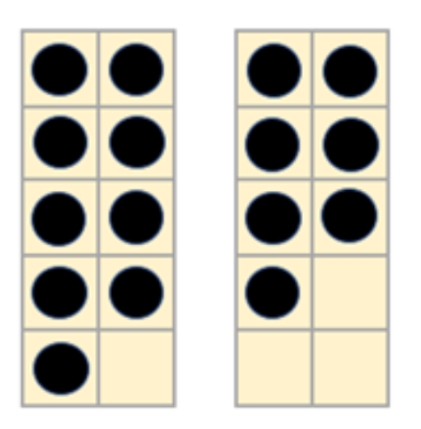 Two tens frames showing 9 + 7 counters.