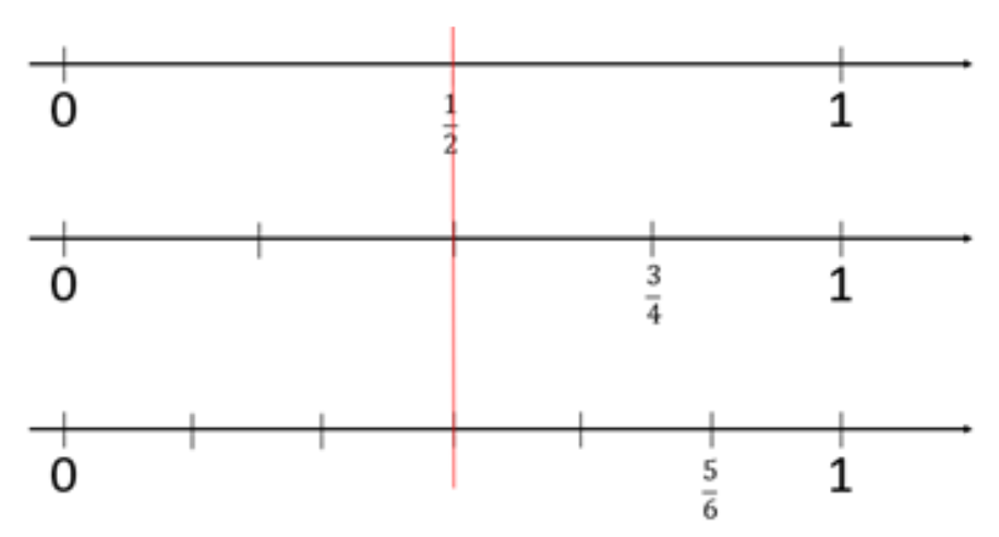 Three numbers lines show halves, quarters, and sixths. A red line marks the fractions 1/2, 2/4, and 3/6.