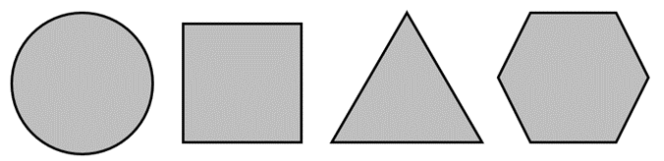 A circle, a square, a triangle, and a hexagon.