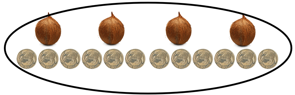 4 coconuts and 12 $1 coins encompassed in a large circle. 