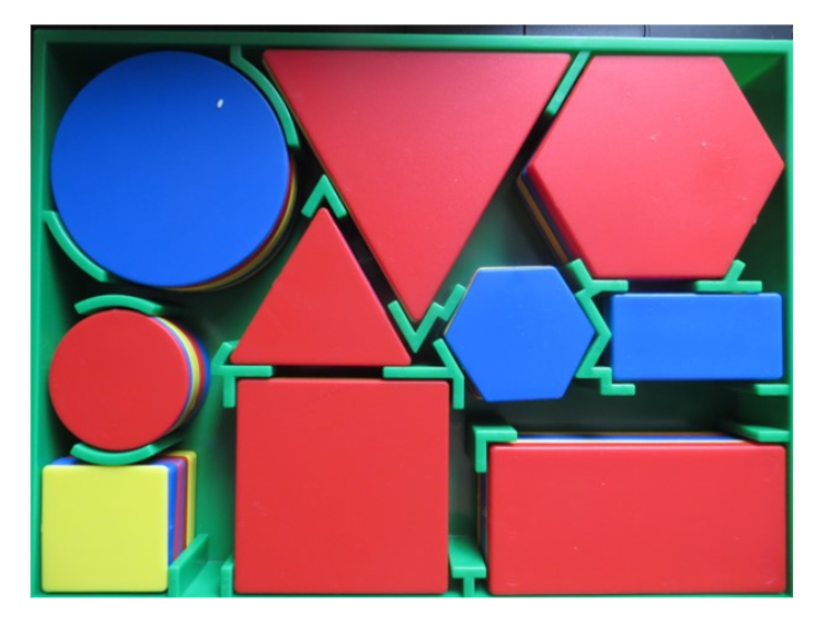 A set of attribute blocks. One large and one small circle, triangles, rectangles, and hexagons.