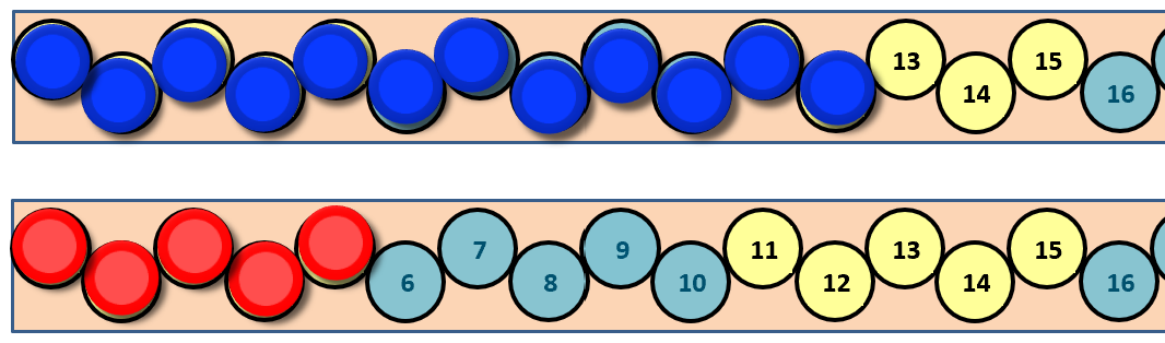 2 rows of 16 coloured counters.
