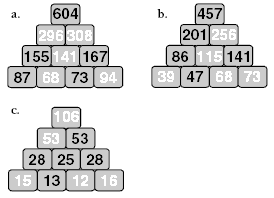 Addition pyramids - four blocks at the base, then three blocks on top of them, followed by two blocks and a single block at the top.