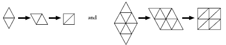 Small triangles stacked together to make different shapes including a diamond, a parallelogram and a square.