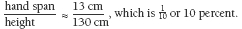 A fraction of hand span over height equals 13 cm over 130 cm, which is 1/10 or 10 percent. 