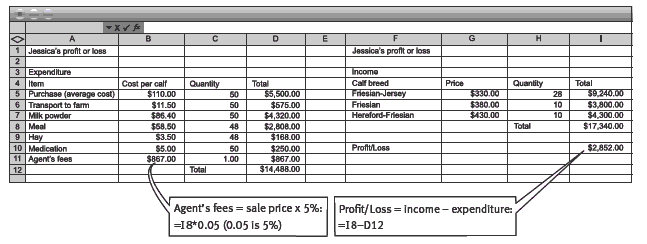 Screenshot of a profit and loss spreadsheet.