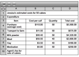 Spreadsheet reviewing the estimated costs for 50 calves.