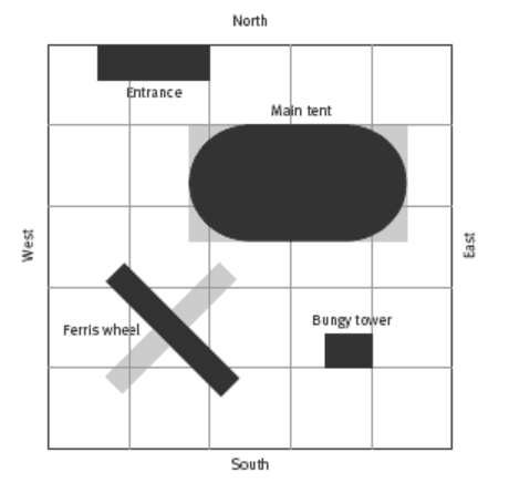 A bird's-eye view of fairground attractions drawn on a grid.