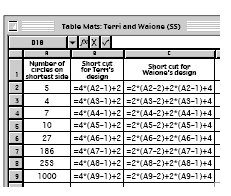 A spreadsheet showing the formulas for Terri and Waione's table mat designs.