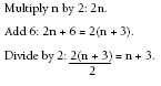 Multiply n by 2: 2n. Add 6: 2n + 6 = 2(n+3). Divide by 2: 2(n+3)/2 = n+3.