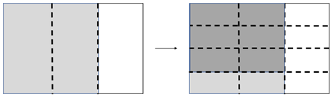 A piece of paper folded into thirds with 2/3 shaded, then folded into quarters creating twelve squares with 3/4 of the original 2/3 shaded. 
