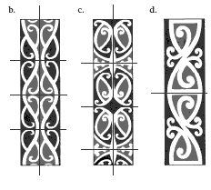 Kōwhaiwhai patterns and their lines of symmetry (answers to Activity 1, b–d).