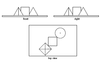 Sketch of desk objects from desk level view of front, right and top.