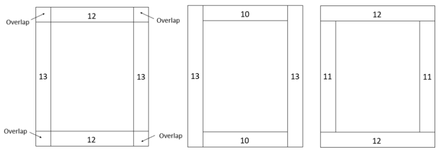 Three schematic diagrams of a rectangular shape (representing Letter O) made of 46 cubes for the first two shapes and 36 cubes for the third. The first shape overlaps at the corners.