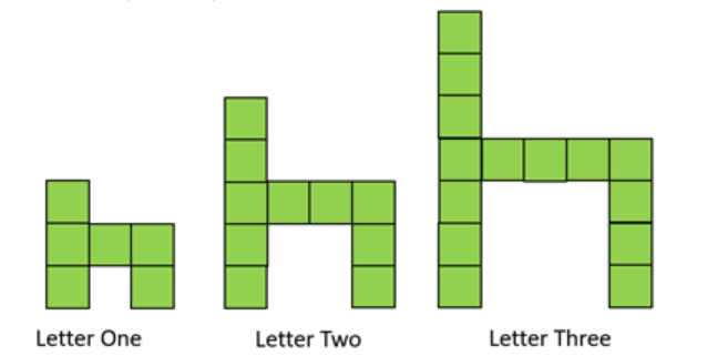 A diagram of three H shapes made of 6, 10, and 14 cubes with the labels Letter One, Letter Two, and Letter Three, respectively.