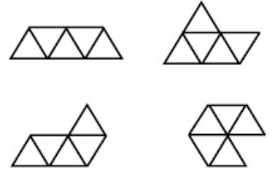 Four diagrams showing the different shapes 5 equilateral triangles conjoined together can make; A trapezium, triangle with outcrop, parallelogram with outcrop, and the letter C. 