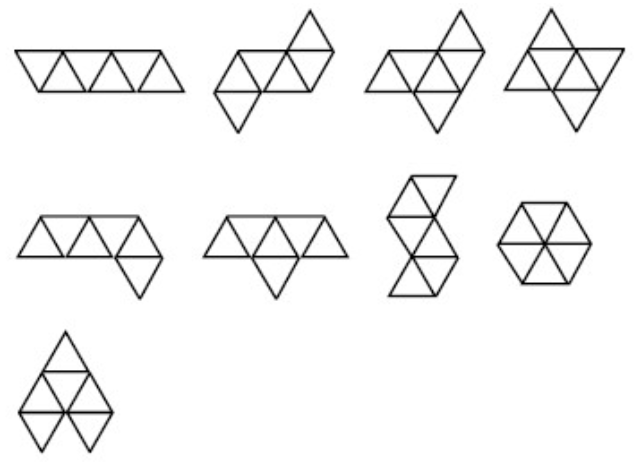 Nine examples of ways six equilateral triangles can be conjoined to make different shapes.