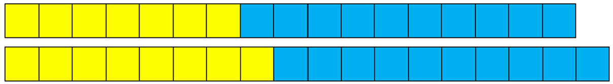 Two stacks of yellow and blue cubes: 7 yellows and 10 blues in the first stack, and 8 yellows and 10 blues.