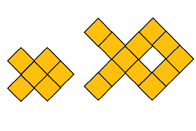Two diagrams of fish made from blocks.