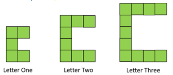 A diagram of three C shapes made of 5, 8, and 11 cubes with the labels Letter One, Letter Two, and Letter Three, respectively.