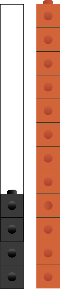 Four stacked black blocks and 12 stacked orange blocks. The stack of black blocks has 2 equal strips of empty units, suggesting for more blocks to be added. 