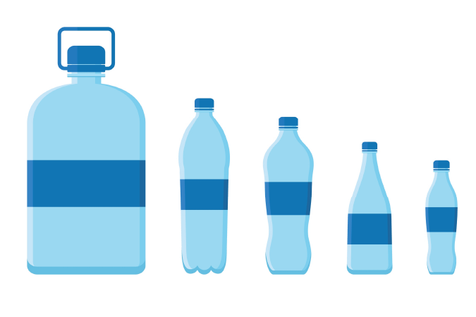 Five blue bottles of different sizes in a row, from smallest to biggest.