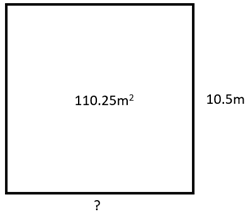 A square with an area of 110.25 m2 and a side length of 10.5 m. The other side length is unknown.
