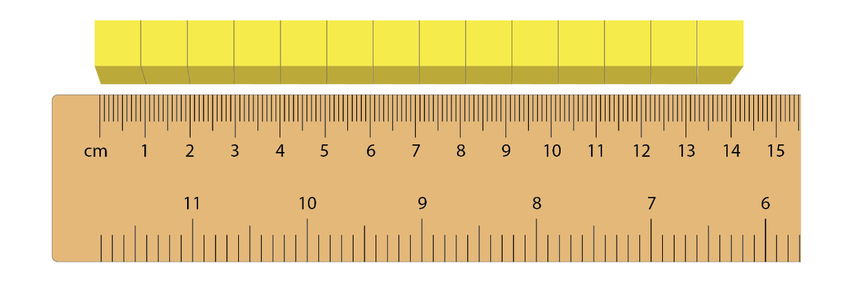 A beige ruler and fourteen yellow place unit cubes measuring to fourteen cm on the ruler.