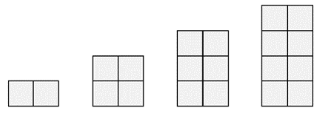 Four shapes made up of a tower of squares: the first shape is 2x1, the second shape is 2x2, the third is 2x3, and the fourth is 2x4.