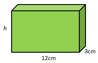 A cuboid with a length of 12 cm, a depth of 3 cm, and an unknown height labelled h.