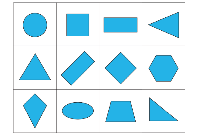 Twelve blue two-dimensional shapes in a grid.