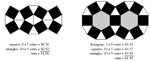 Two mosaics created from pattern blocks with calculations for the dollar value of each pattern.