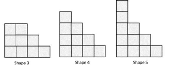 Three almost identical staircase shapes that are four squares wide, labelled Shape 3, Shape 4, and Shape 5: the height of Shape 3 is short by one square; Shape 5 is taller by one square.