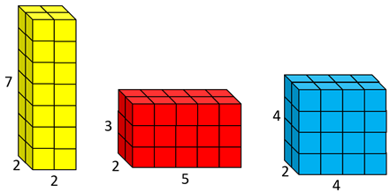 Three cuboid stacks, the first measuring 2 x 2 x 7. The second is 5 x 2 x 3. The third is 4 x 2 x 4.
