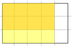 A rectangle representing a piece of paper with a grid of five columns and three rows. Four-fifths of the first two rows are a dark yellow; four-fifths of the last row is a light yellow.