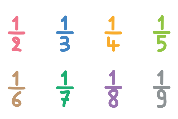 Eight examples of fractions.