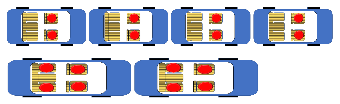 Six cars: four cars with two people in each, and two cars with four people in each.