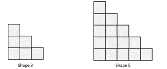 Two staircase shapes of squares, labelled Shape 3 and Shape 5: the height of the left side of each shape equals the shape number, and the height decreases by one square with each step to the right.
