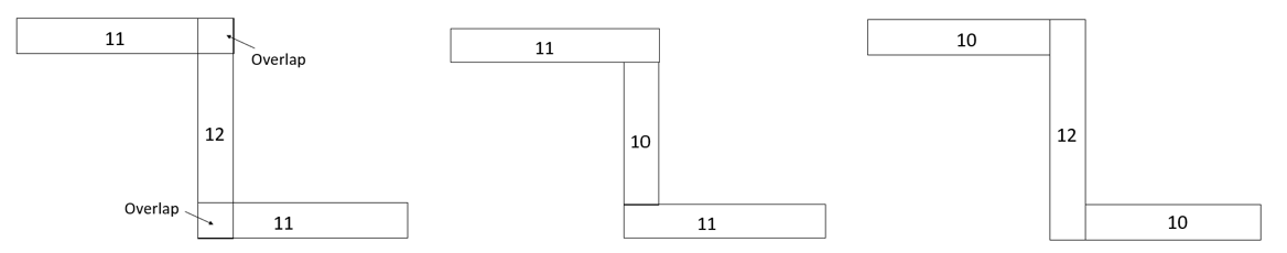 Three Z-shaped drawings. 1st shape shows the horizontal top and bottom lengths to be 11 and the vertical to be 12 (with 2 overlaps). 2nd shape: 11, 10. 3rd shape: 10, 12 (no overlap).