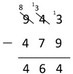 Long subtraction equation: 943 - 479 = 464.